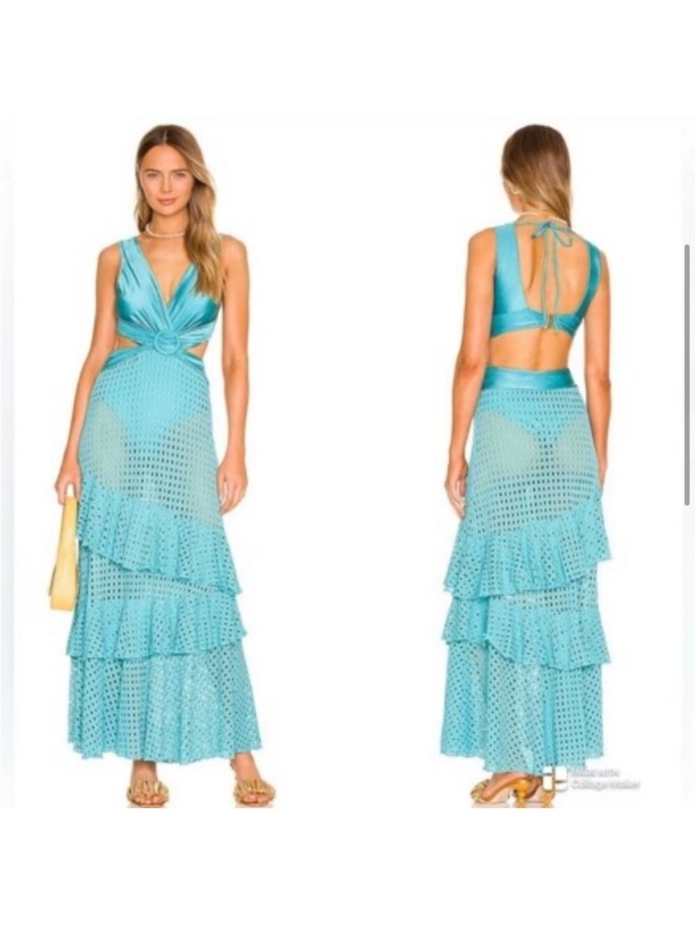 PatBO Turquoise Crochet Tiered Maxi Dress with Knot Front